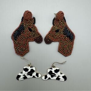 2 Pairs of Earrings Enamel Cowgirl Hats and Beaded Horse Heads